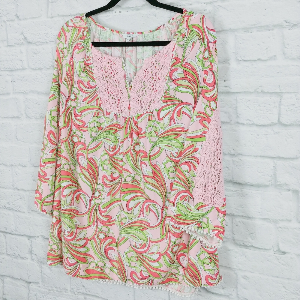 CROWN & IVY Bright Peasant Tunic Top 3/4 Sleeves